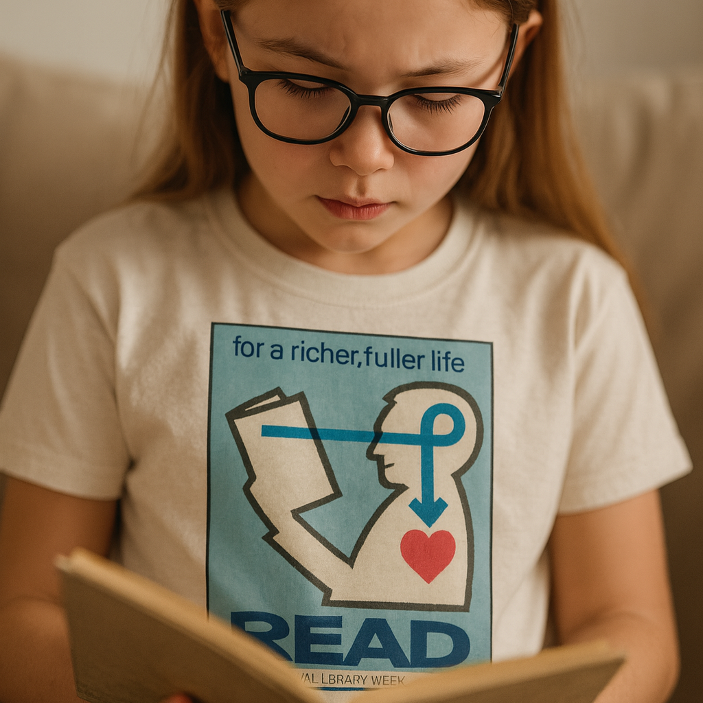 Young girl wearing a t-shirt with a reading motivation graphic, holding a book.