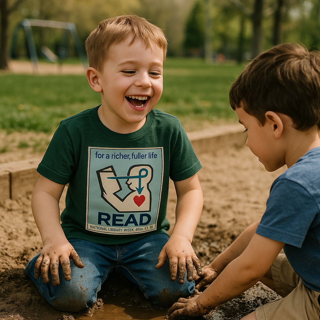 Two children playing in a sandbox with one wearing a shirt promoting reading.
