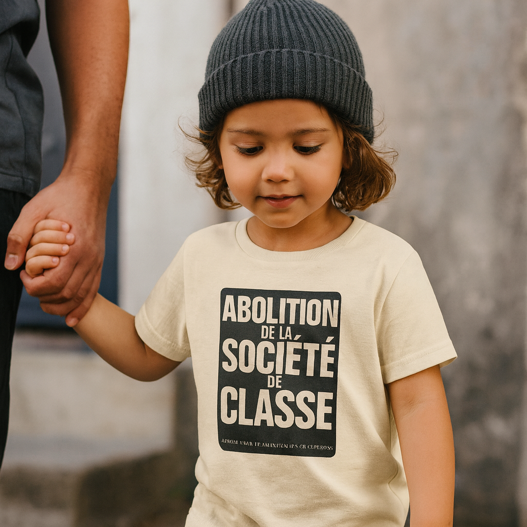 Child wearing a t-shirt with a message, standing outdoors with an adult's hand.
