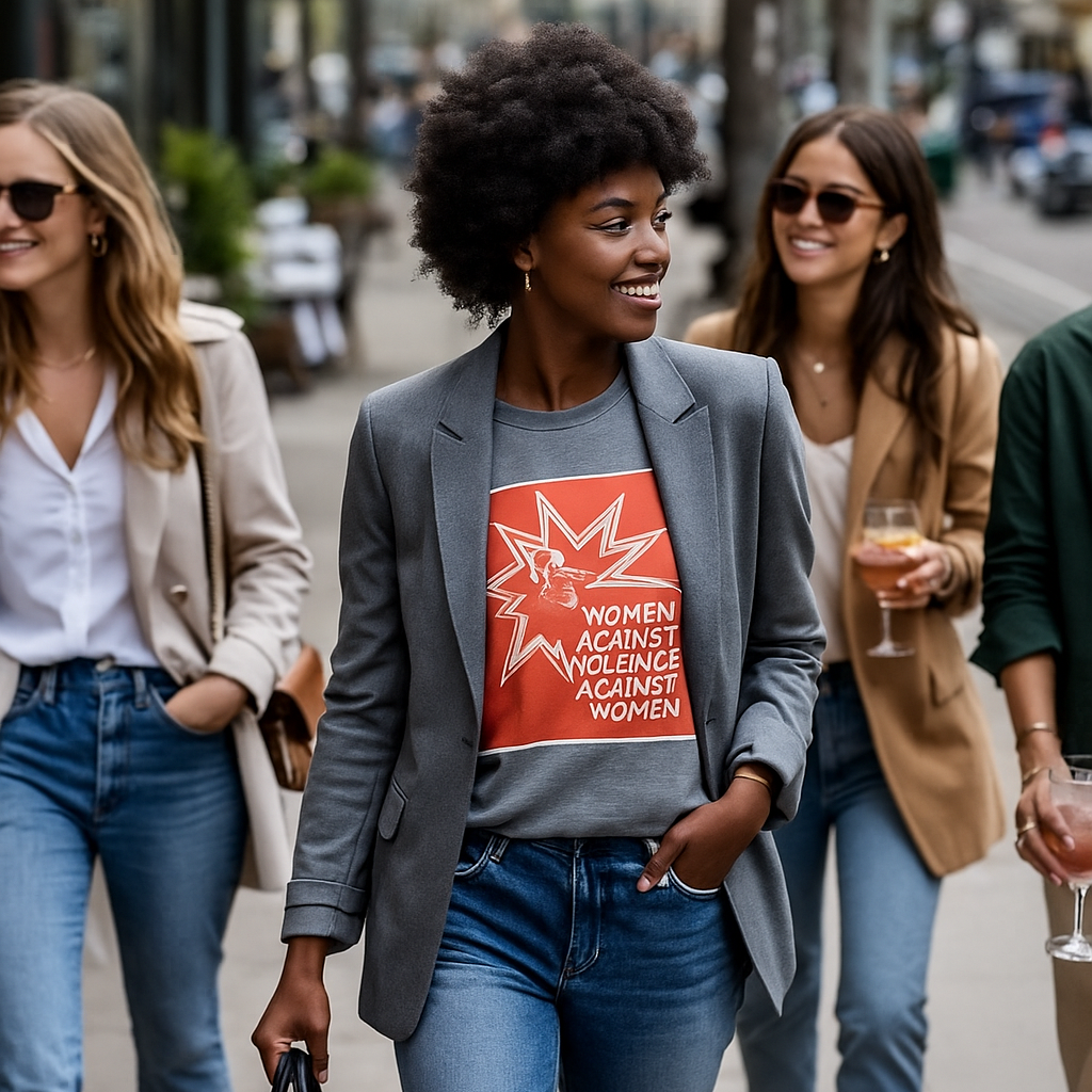 Woman walking on a street with a protest shirt, surrounded by others.