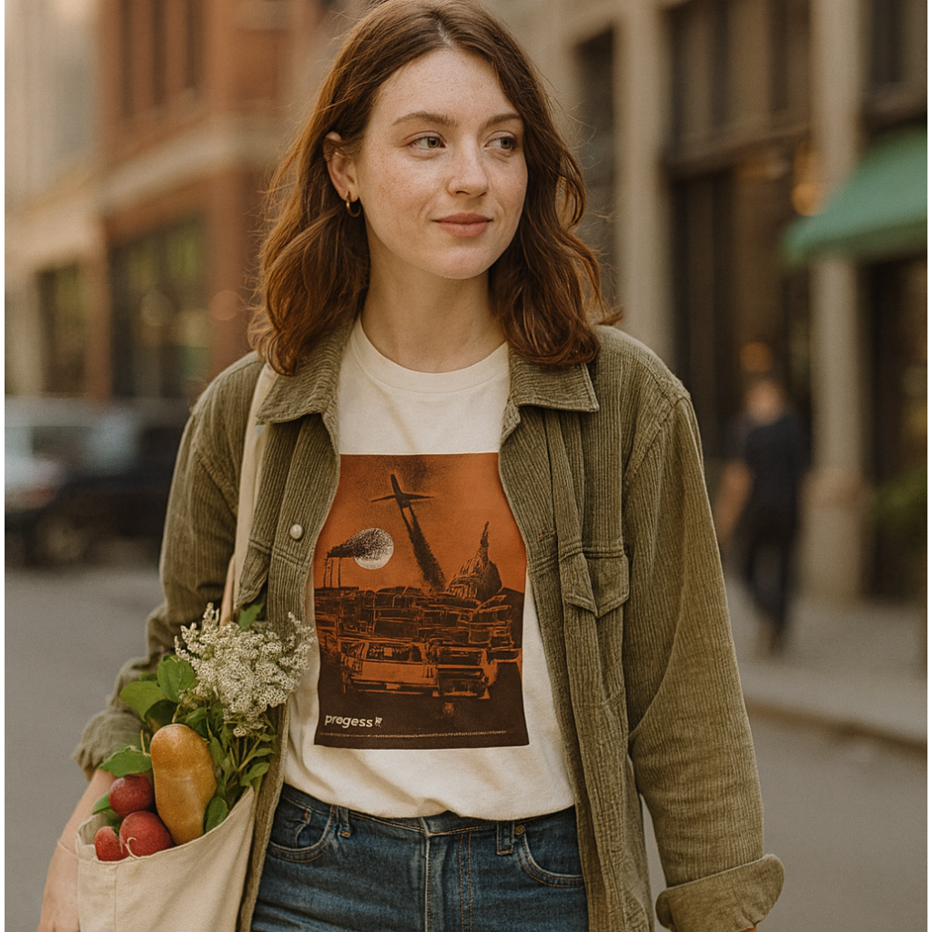Woman walking down a street holding a reusable bag with groceries, wearing a jacket and jeans.