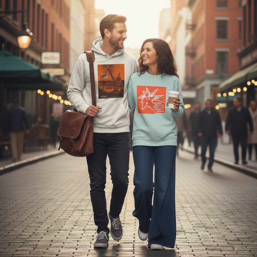 Man and woman walking down a city street, both wearing sweatshirts with red designs.