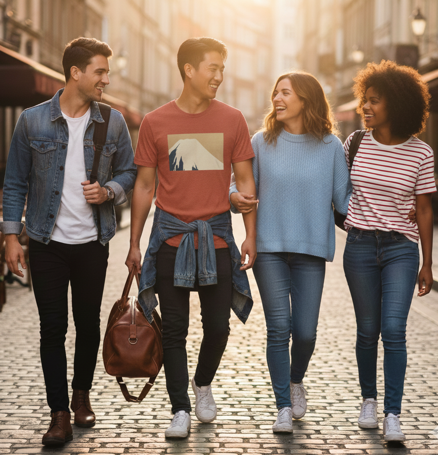 Four friends walking together on a sunlit street