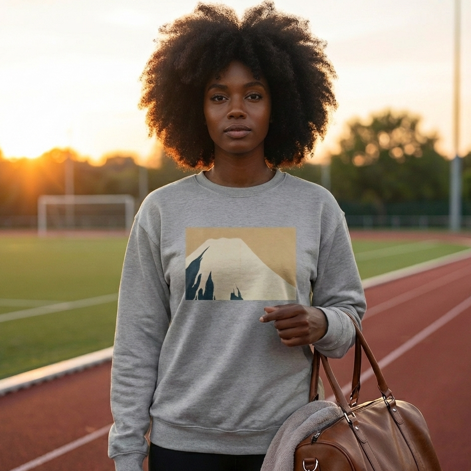 Person wearing a sweatshirt with a mountain design on a track field at sunset
