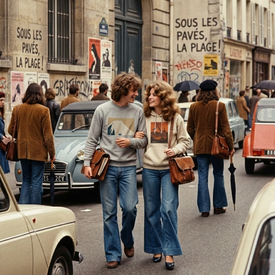 People walking on a street with vintage cars and posters in the background