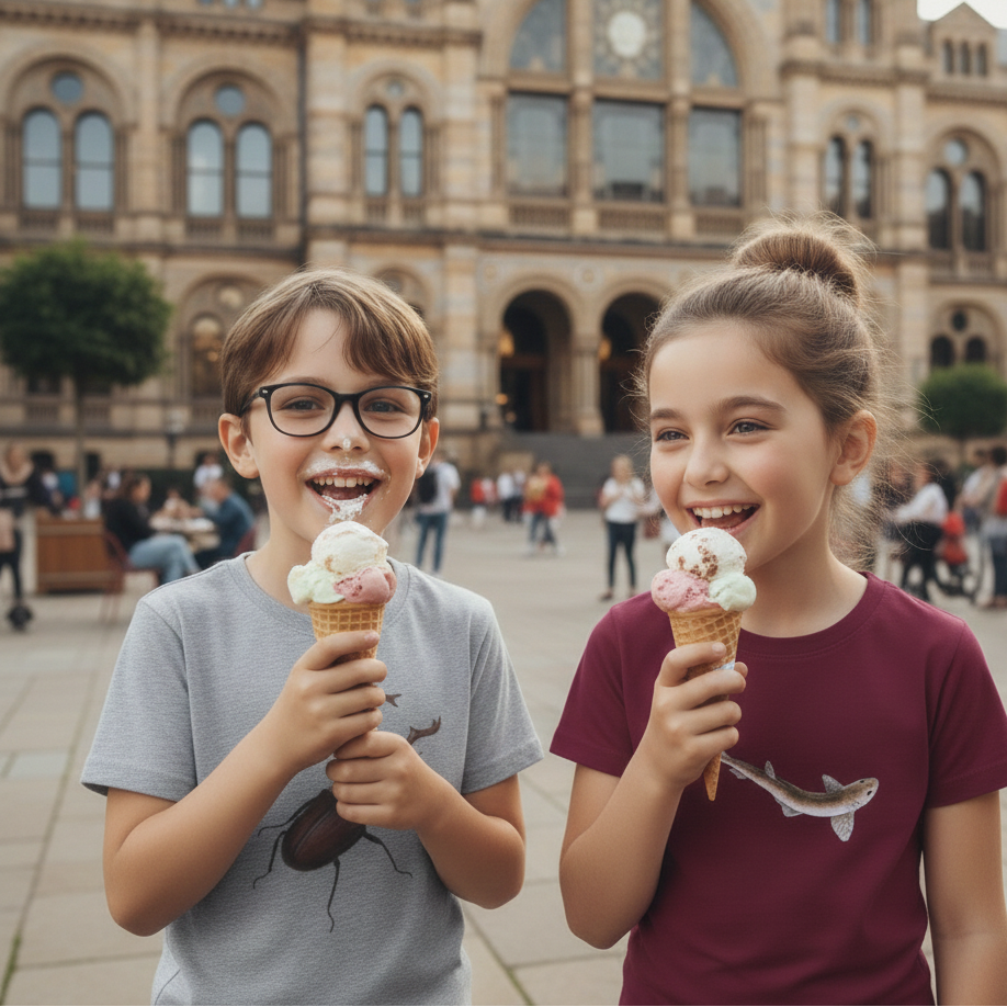 Two children enjoying ice cream in front of a large building.
