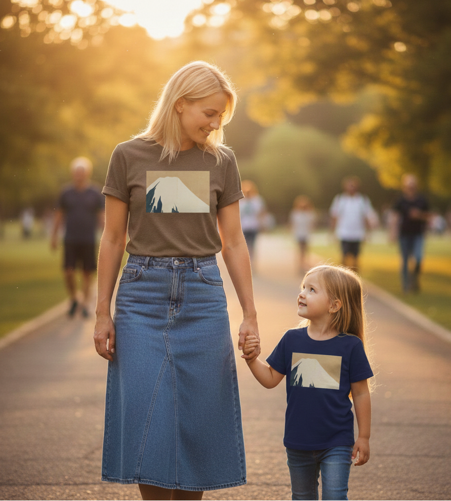 Woman and child walking together in a park with matching t-shirts featuring mount Fuji.