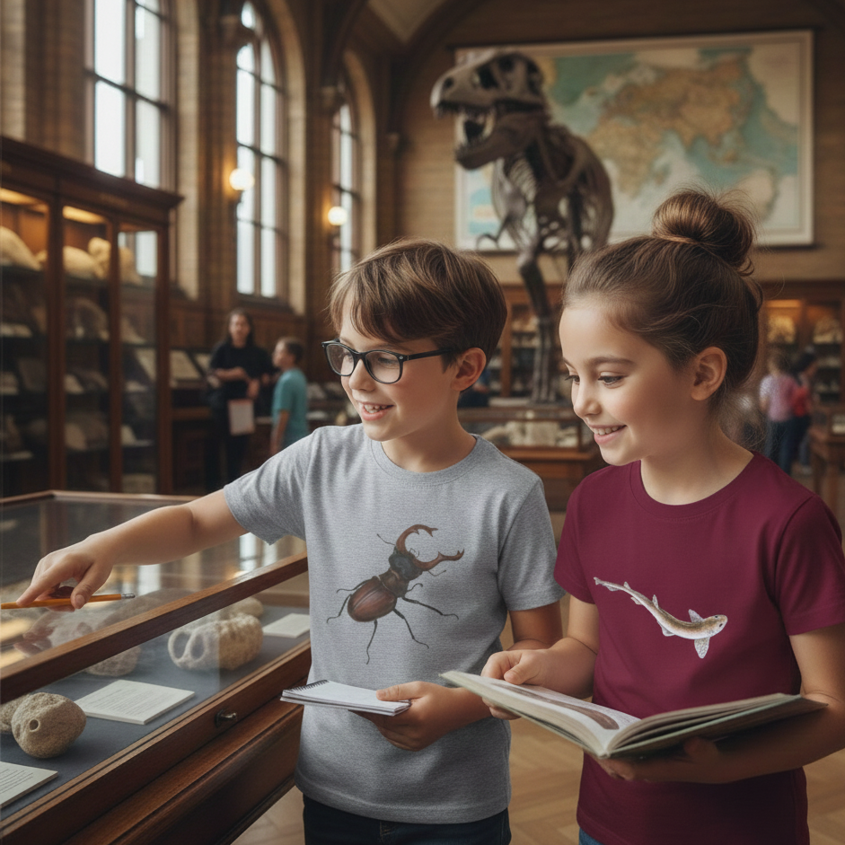 Two children in a museum looking at exhibits and reading books wearing animal t-shirts