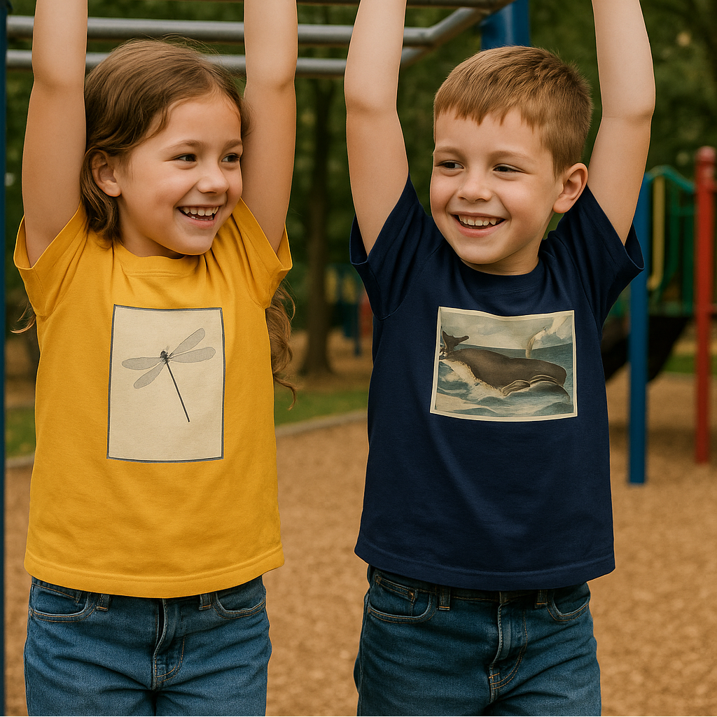 Two children on a playground, one in a yellow shirt with a dragonfly design and the other in a navy shirt with a whale design.