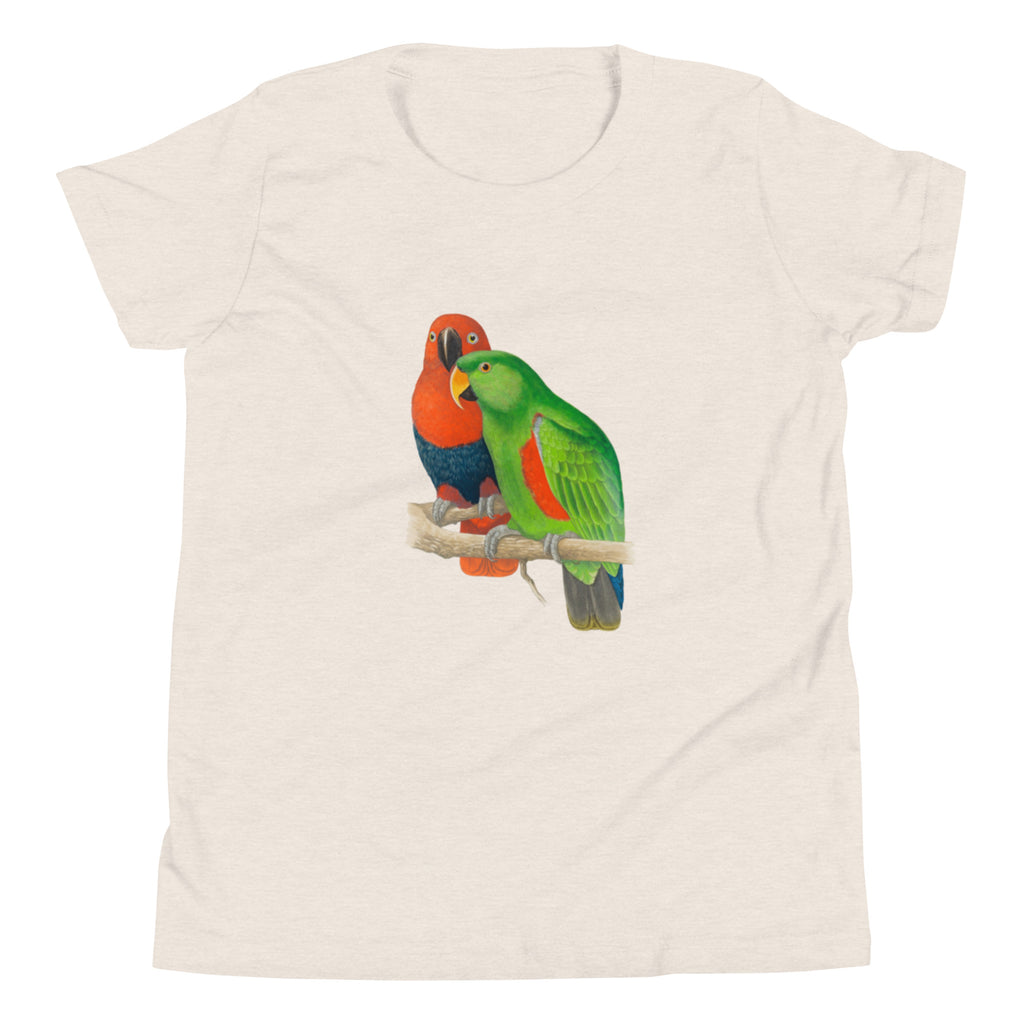 Beige t-shirt with a colorful parrot design on a white background
