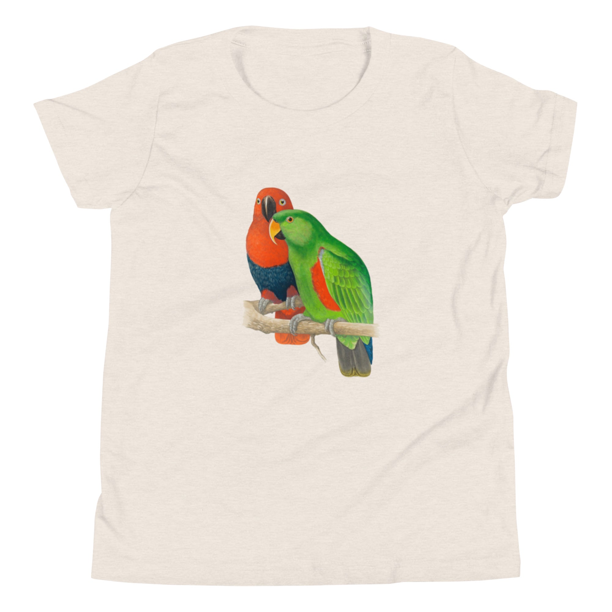 Beige t-shirt with a colorful parrot design on a white background