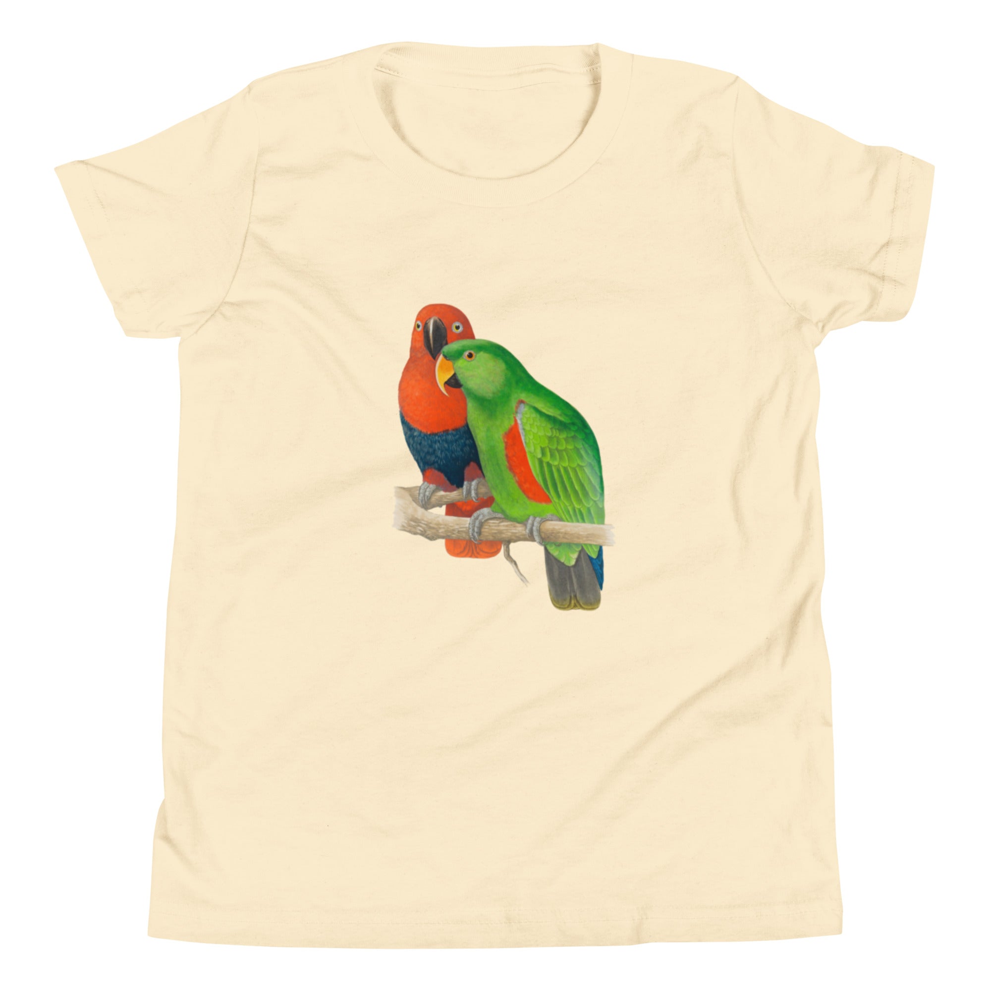 Beige t-shirt with a design of two parrots on a branch