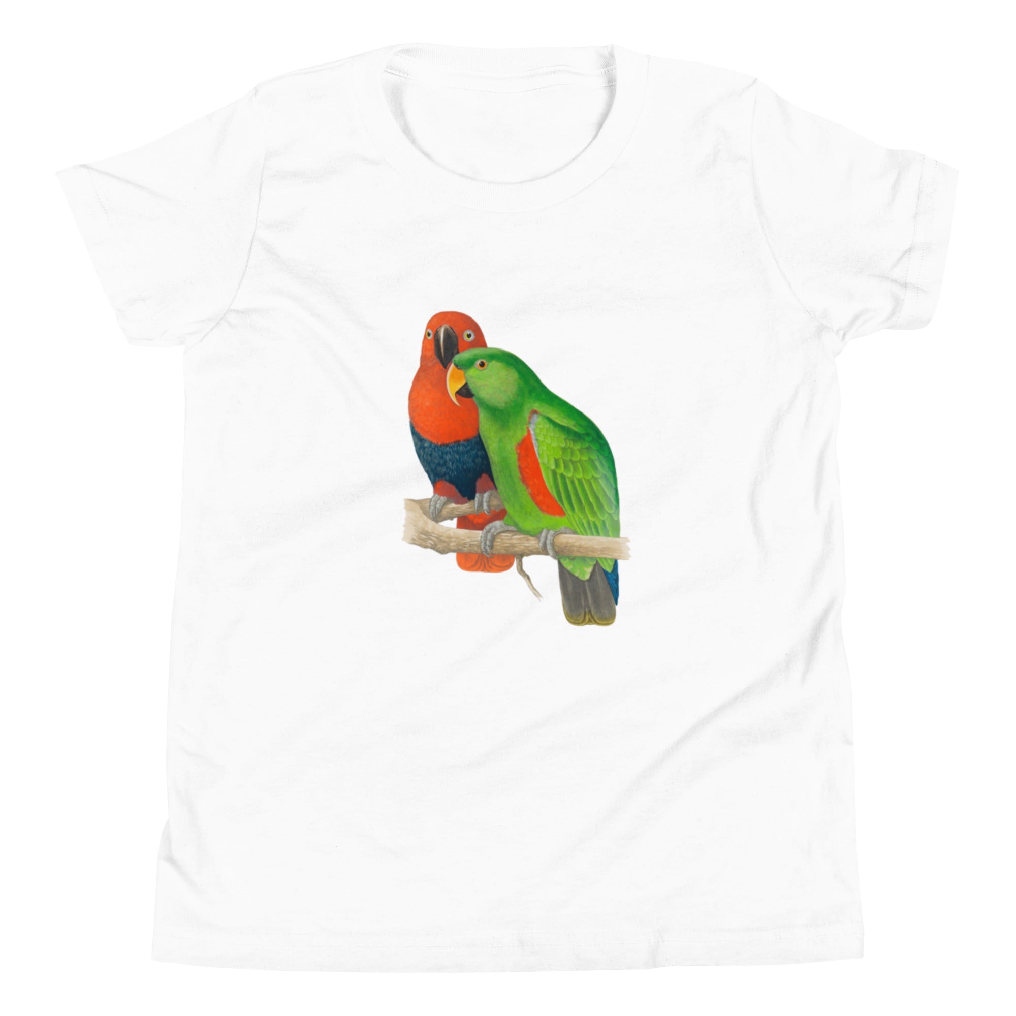 White t-shirt with a colorful parrot design on a white background